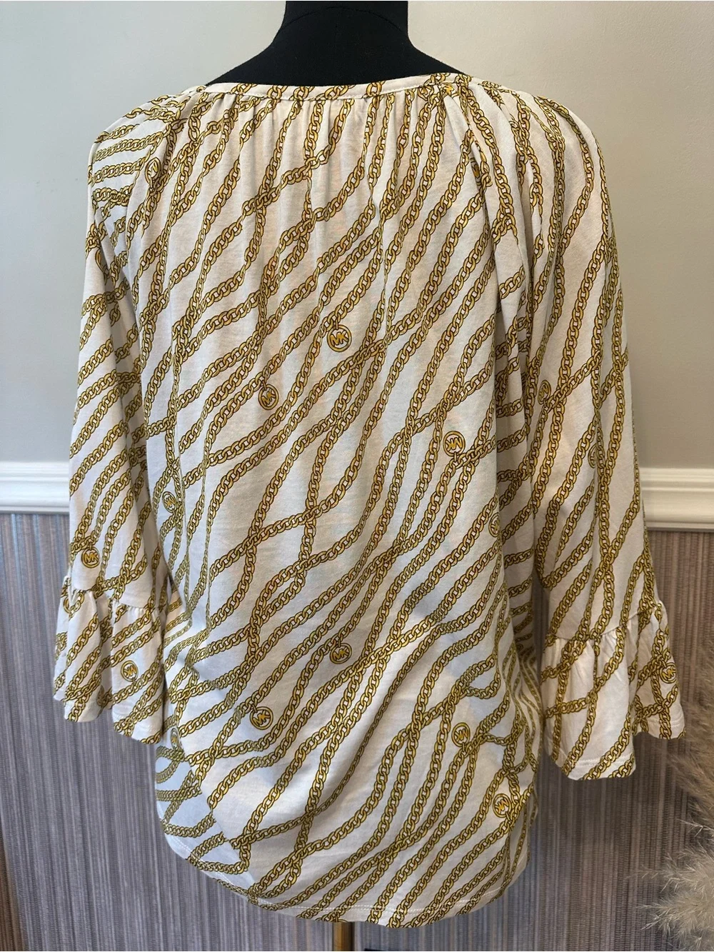 Michael Kors Chain Print Bell Sleeve Top White Gold Modal Blend Size Large